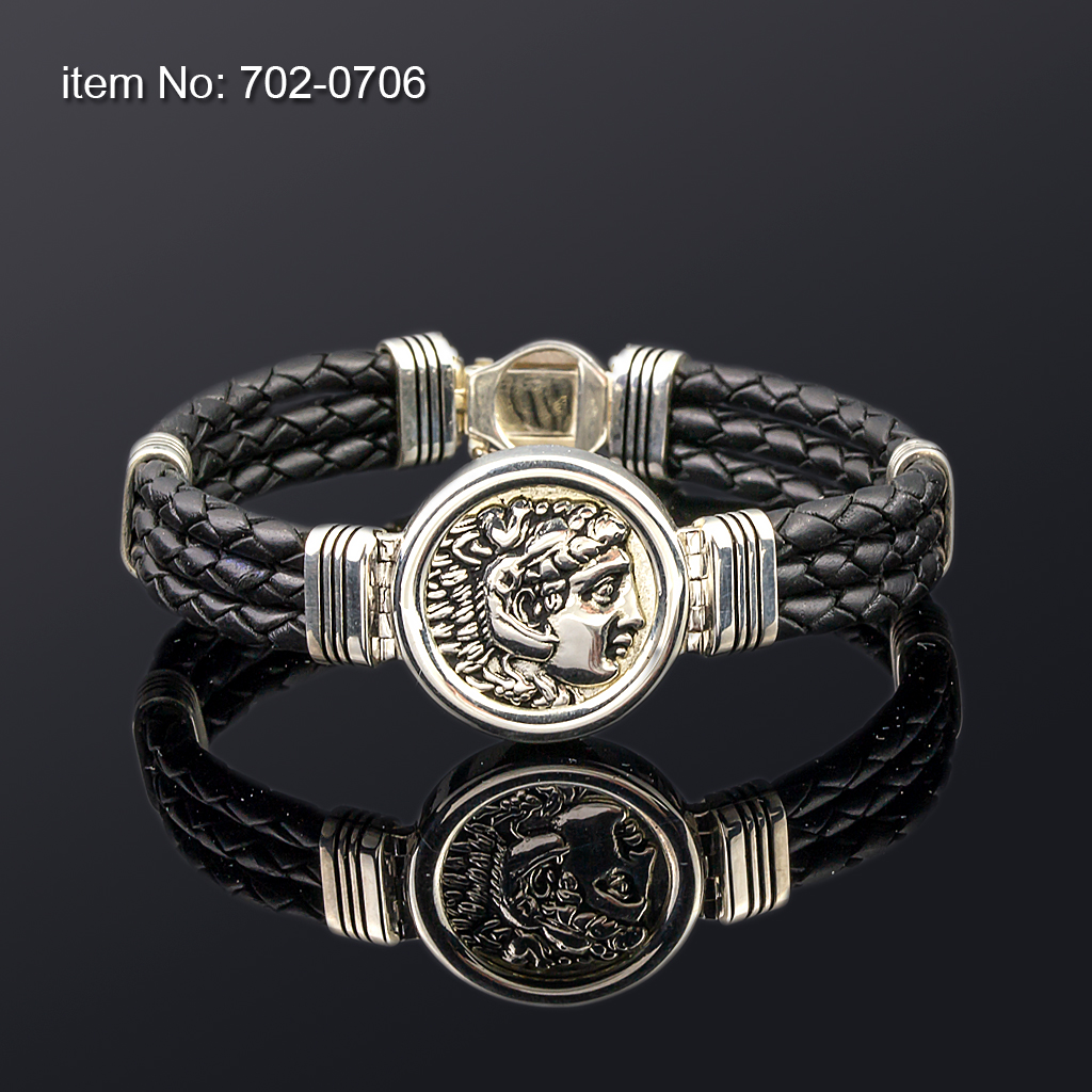 Ασημένιο Βραχιόλι 925° με μοτίβο νόμισμα Μ. Αλέξανδρος 22mm και γνήσιο μαύρο τριπλό δέρμα 4mm