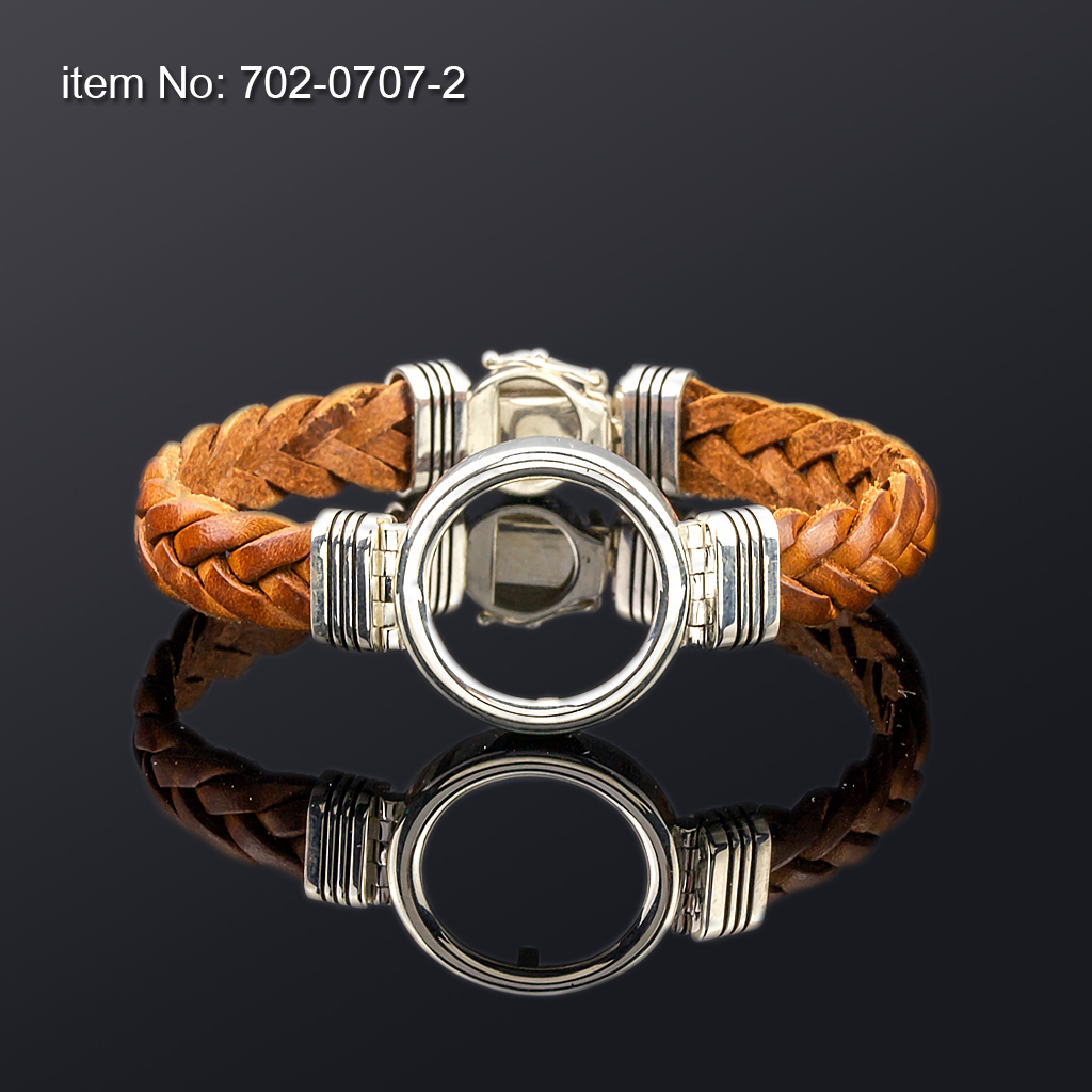 Ασημένιο Βραχιόλι 925° με μοτίβο νόμισμα 22mm και γνήσιο πλεκτό tan δέρμα 10mm