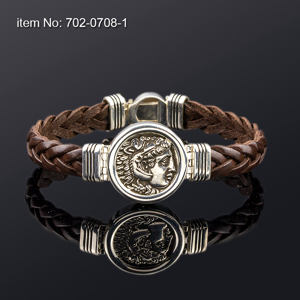 Ασημένιο Βραχιόλι 925° με μοτίβο νόμισμα Μ. Αλέξανδρος 22mm και γνήσιο πλεκτό καφέ δέρμα 10mm