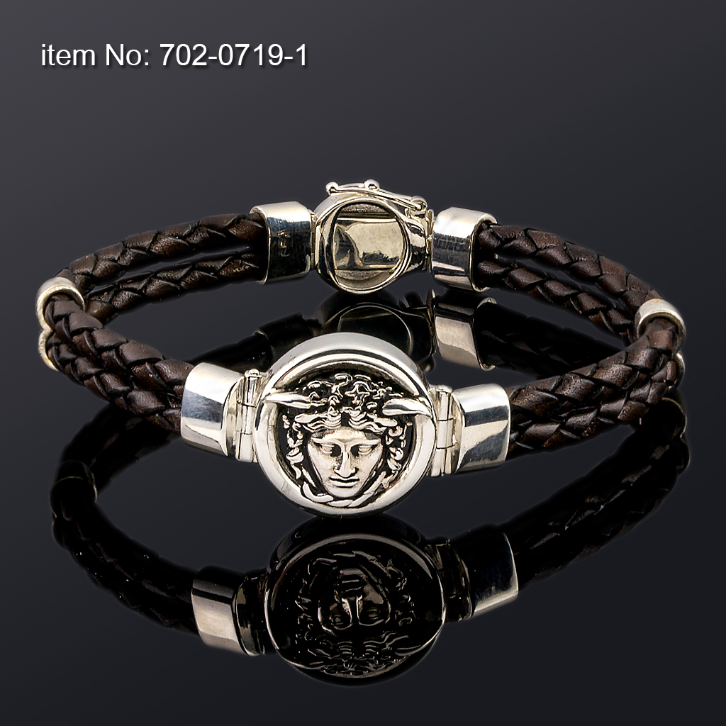 Ασημένιο Βραχιόλι 925° μέδουσα 20mm και γνήσιο καφέ δέρμα 4mm