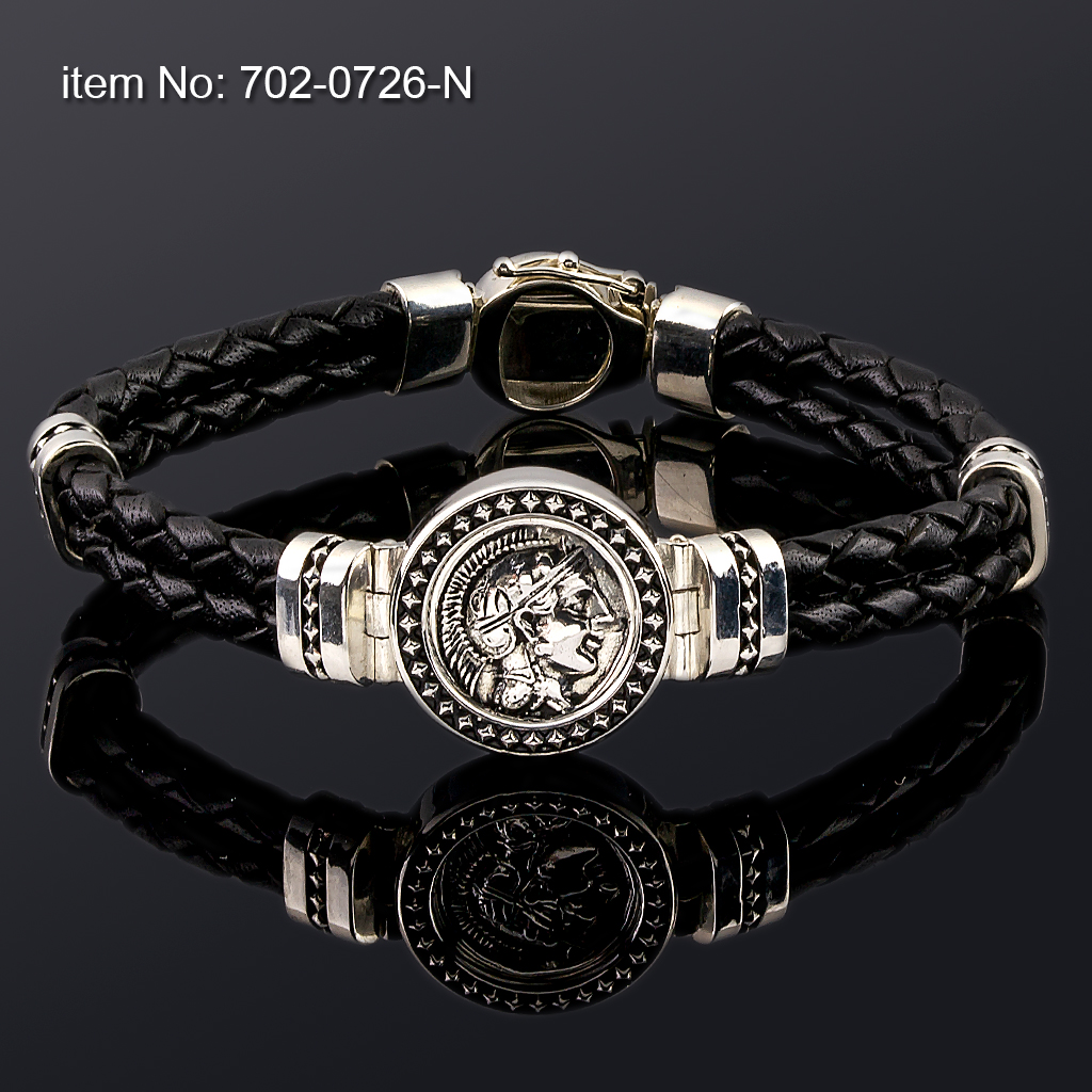 Ασημένιο Βραχιόλι 925° με μοτίβο νόμισμα Αθηνά 16mm και γνήσιο μαύρο δέρμα 4mm