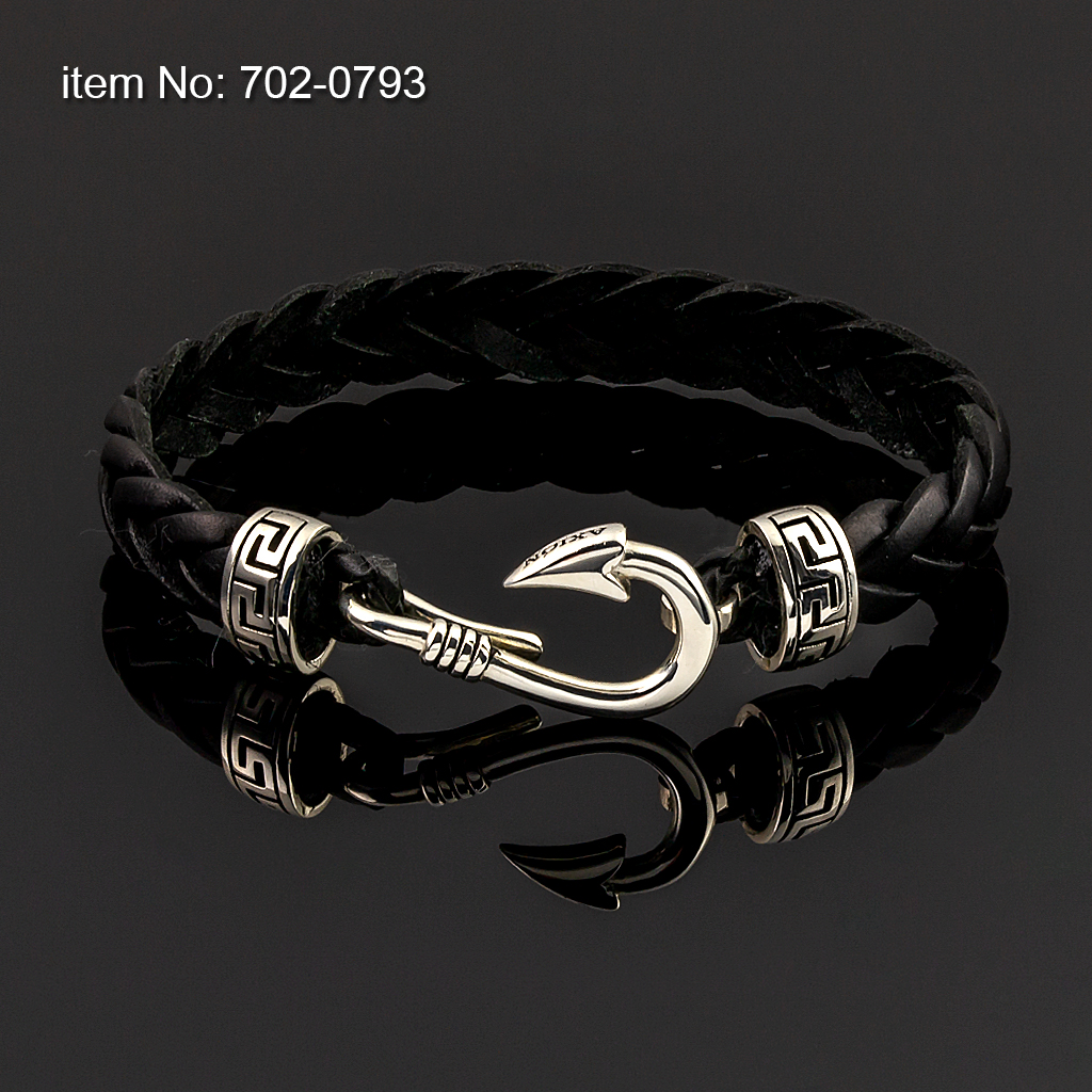 Ασημένιο 925° βραχιόλι αγκίστρι (18 mm πλάτος) με το Ελληνικό Κλειδί και 10 mm πλάτος γνήσιο μαύρο πλεκτό δέρμα - Πατήστε εδώ για περισσότερα χρώματα -