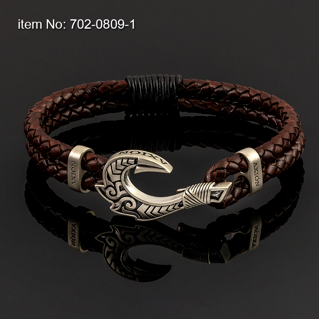 Ασημένιο 925° βραχιόλι αγκίστρι (18 mm πλάτος) με διπλό καφέ γνήσιο δέρμα - Πατήστε εδώ για περισσότερα χρώματα -