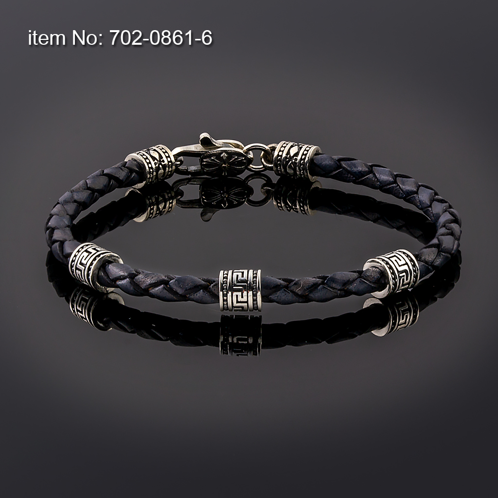 925° Ασημένιο βραχιόλι με μοτίφ γκρέκα & γνήσιο πλεκτό δέρμα - Πατήστε εδώ για περισσότερα χρώματα -