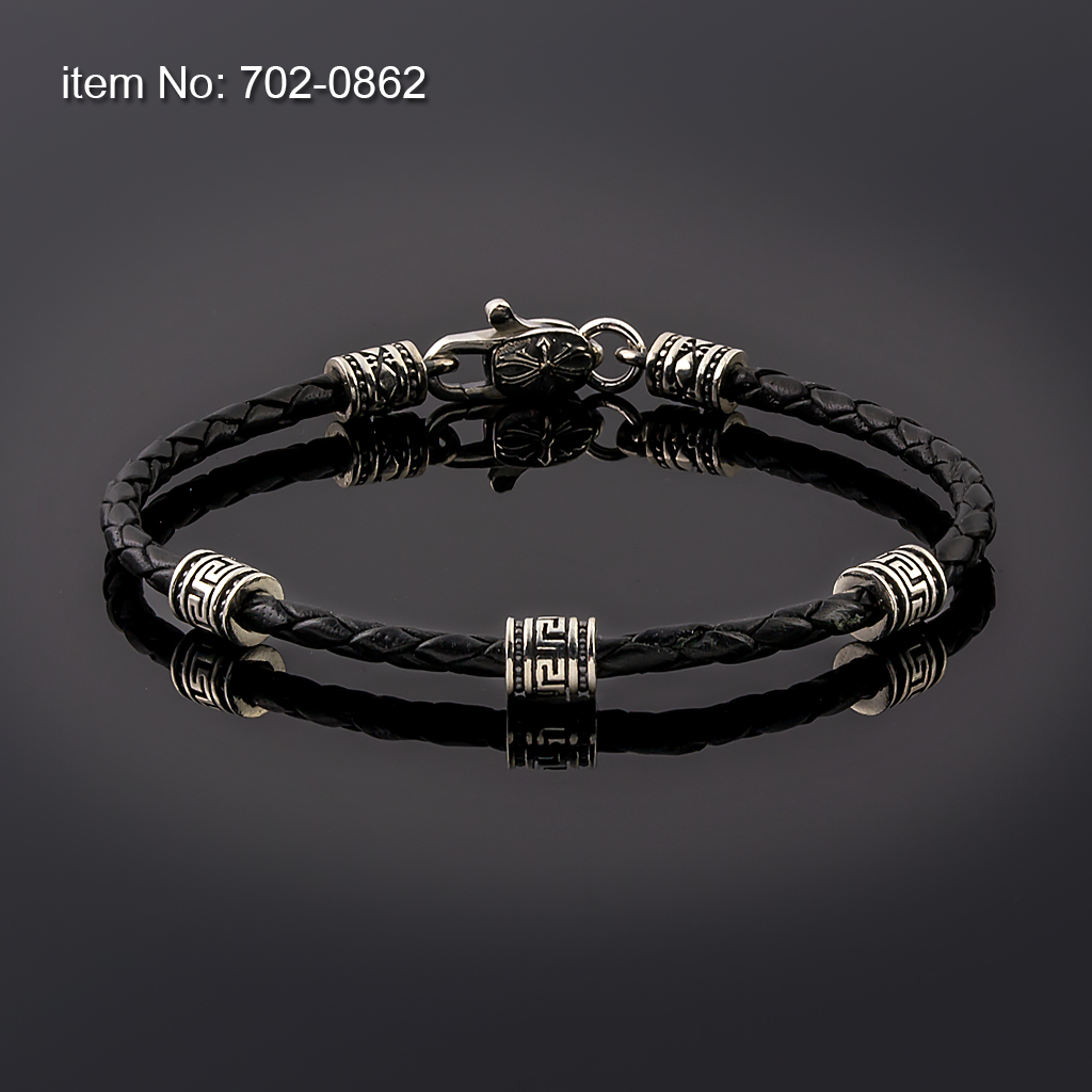 Bracelet with Sterling Silver with greek motifs and braided genuine leather - Click here for more colors -
