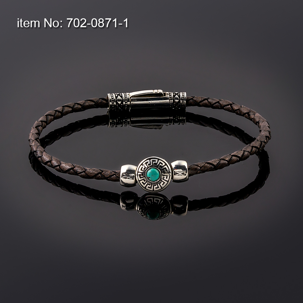 925° Ασημένιο βραχιόλι με σχέδιο γκρέκα & γνήσιο πλεκτό δέρμα - Πατήστε εδώ για περισσότερα χρώματα -