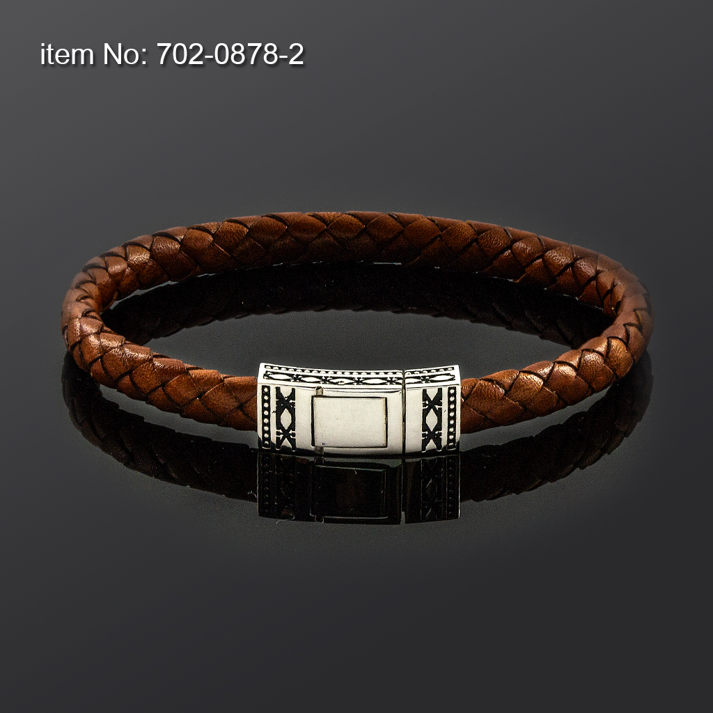 Ασημένιο βραχιόλι 925° με μοτίφ Axion και με γνήσιο πλεκτό δέρμα - Πατήστε εδώ για περισσότερα χρώματα -