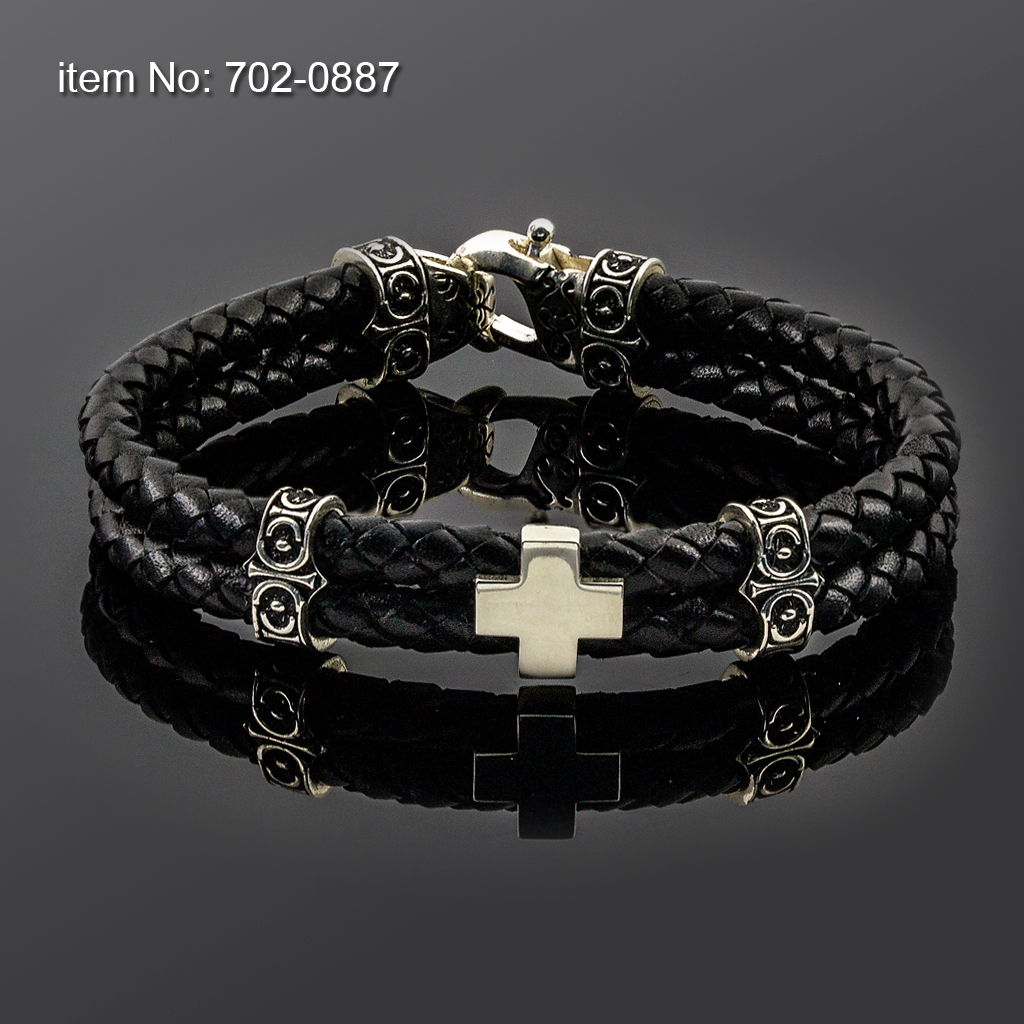 Ασημένιο βραχιόλι με μοτίφ Σταυρό και με γνήσιο πλεκτό δέρμα - Πατήστε εδώ για περισσότερα χρώματα -