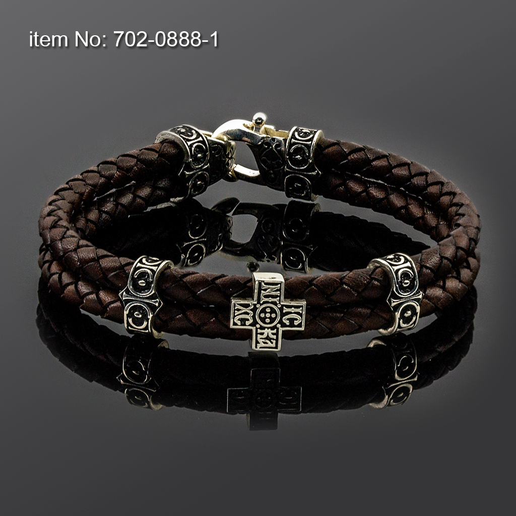 Ασημένιο βραχιόλι με μοτίφ Σταυρό και με γνήσιο πλεκτό δέρμα - Πατήστε εδώ για περισσότερα χρώματα -