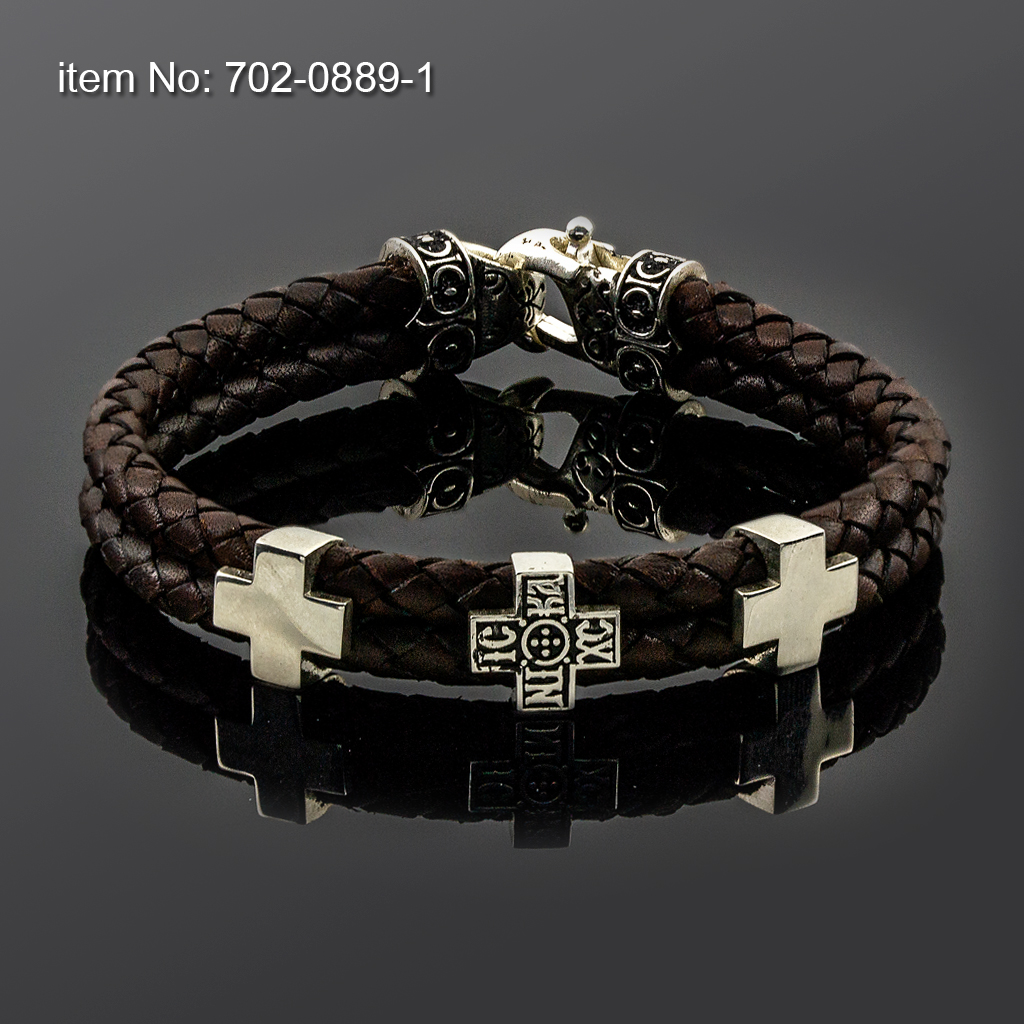 Bracelet with Sterling Silver Crosses motif and braided genuine leather - Click here for more colors -