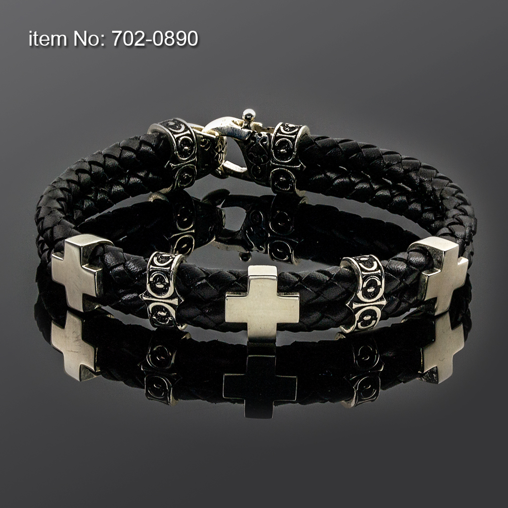 Bracelet with Sterling Silver Crosses motif and braided genuine leather - Click here for more colors -