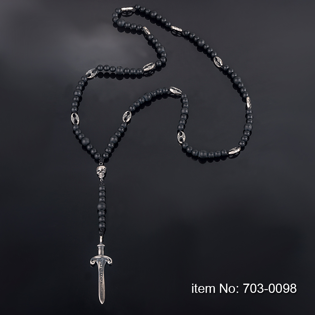 Sterling Silver sword & skull Necklace with black onyx beads