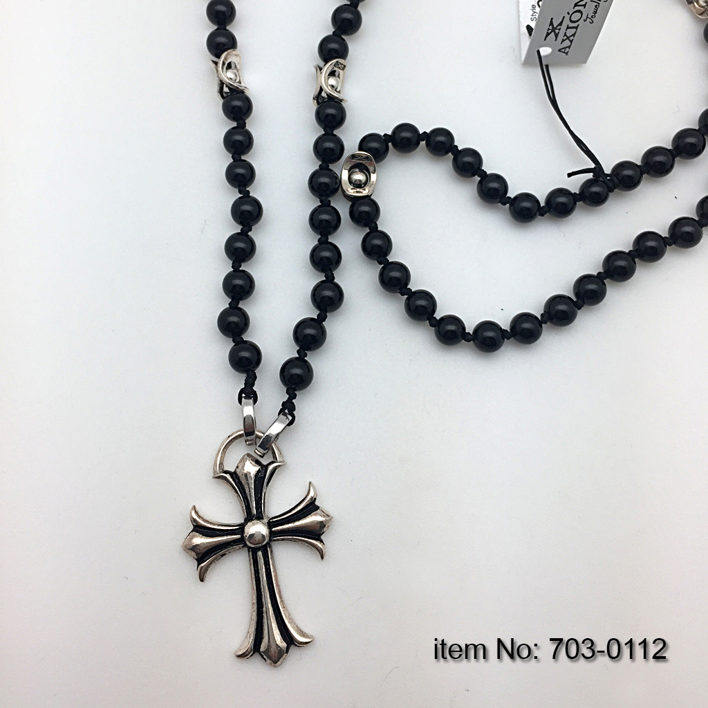 Solid Sterling Silver cross on Hand Crafted rosary with onyx beads