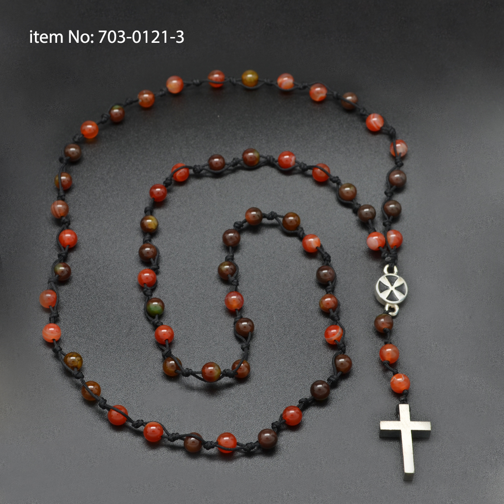 Solid Sterling Silver cross on Hand Crafted rosary with agate beads