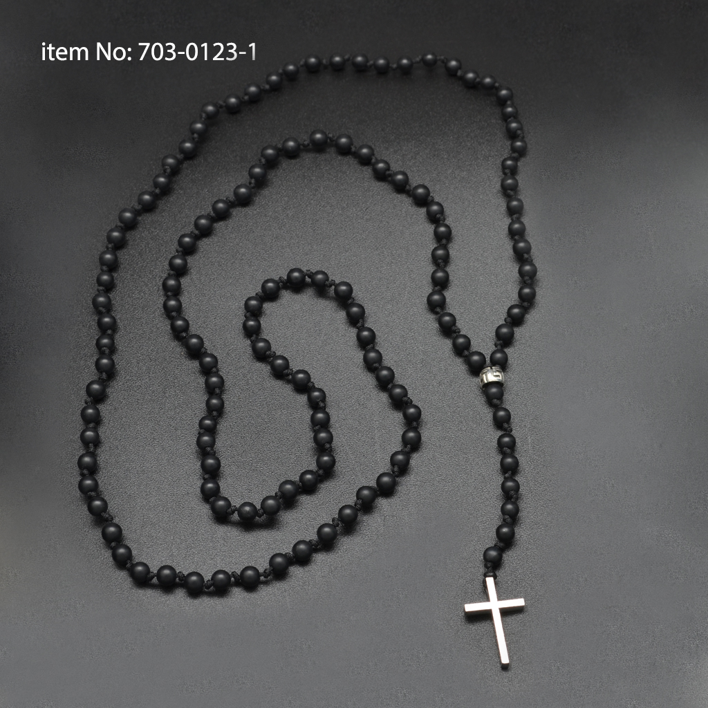 Solid Sterling Silver cross on Hand Crafted rosary with matte onyx beads