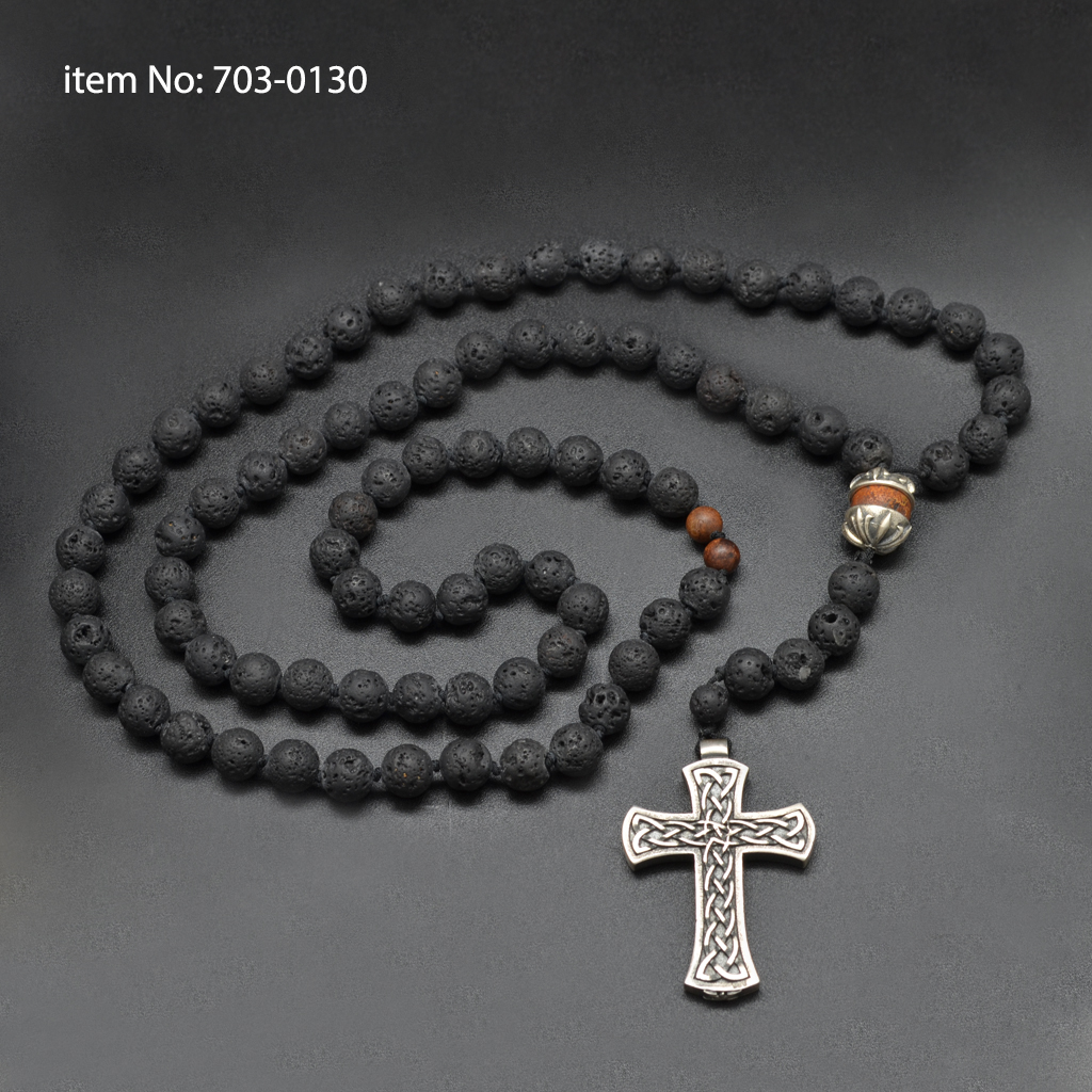 Solid Sterling Silver cross on Hand Crafted rosary with lava beads
