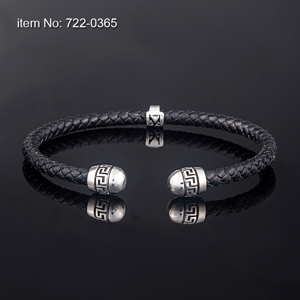 925° Ασημενιο Βραχιόλι με μοτιφ Μέανδρο & γνήσιο πλεκτό δέρμα 5mm - Πατήστε εδώ για περισσότερα χρώματα -