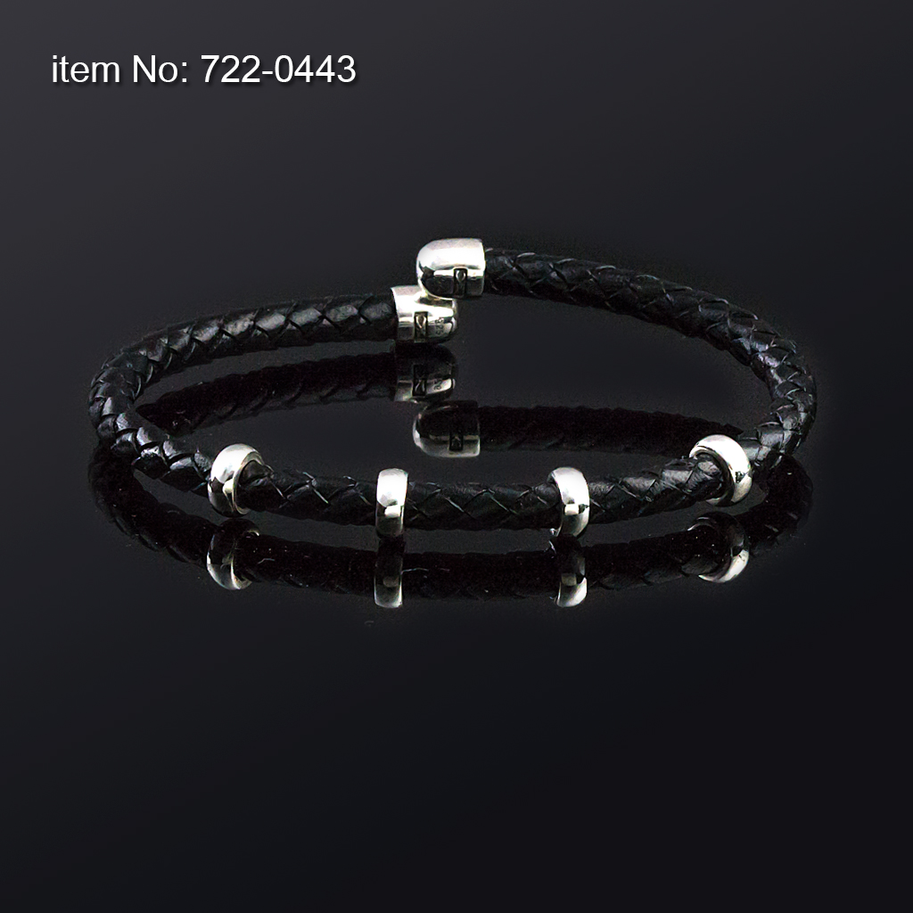 925° Ασημένιο Βραχιόλι με ροδέλες και γνήσιο πλεκτό μαύρο δέρμα - Πατήστε εδώ για περισσότερα χρώματα -