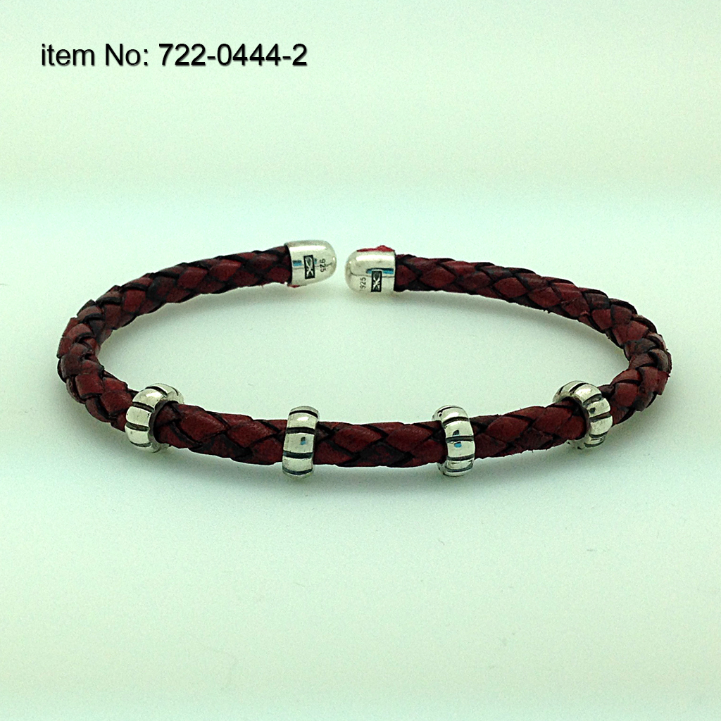 925° Ασημένιο Βραχιόλι με μοτίφ και γνήσιο πλεκτό δέρμα κόκκινο - Πατήστε εδώ για περισσότερα χρώματα -