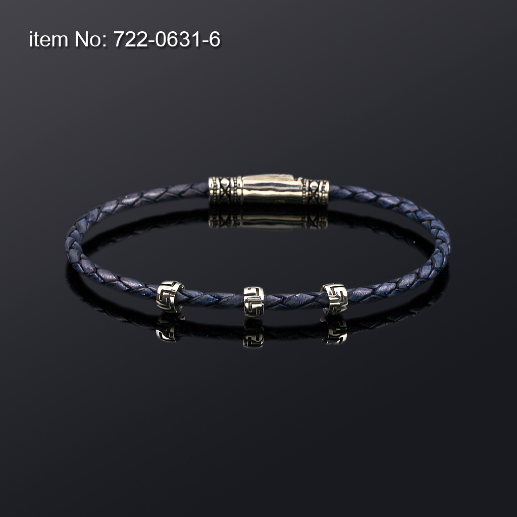 Sterling silver bracelet with greek key motif and blue genuine leather 3 mm - Click here for more colors -