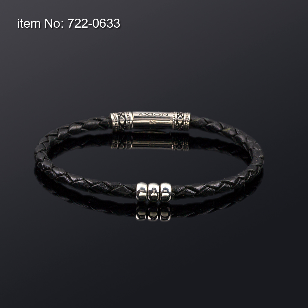 Sterling silver bracelet motif with black genuine leather 4 mm