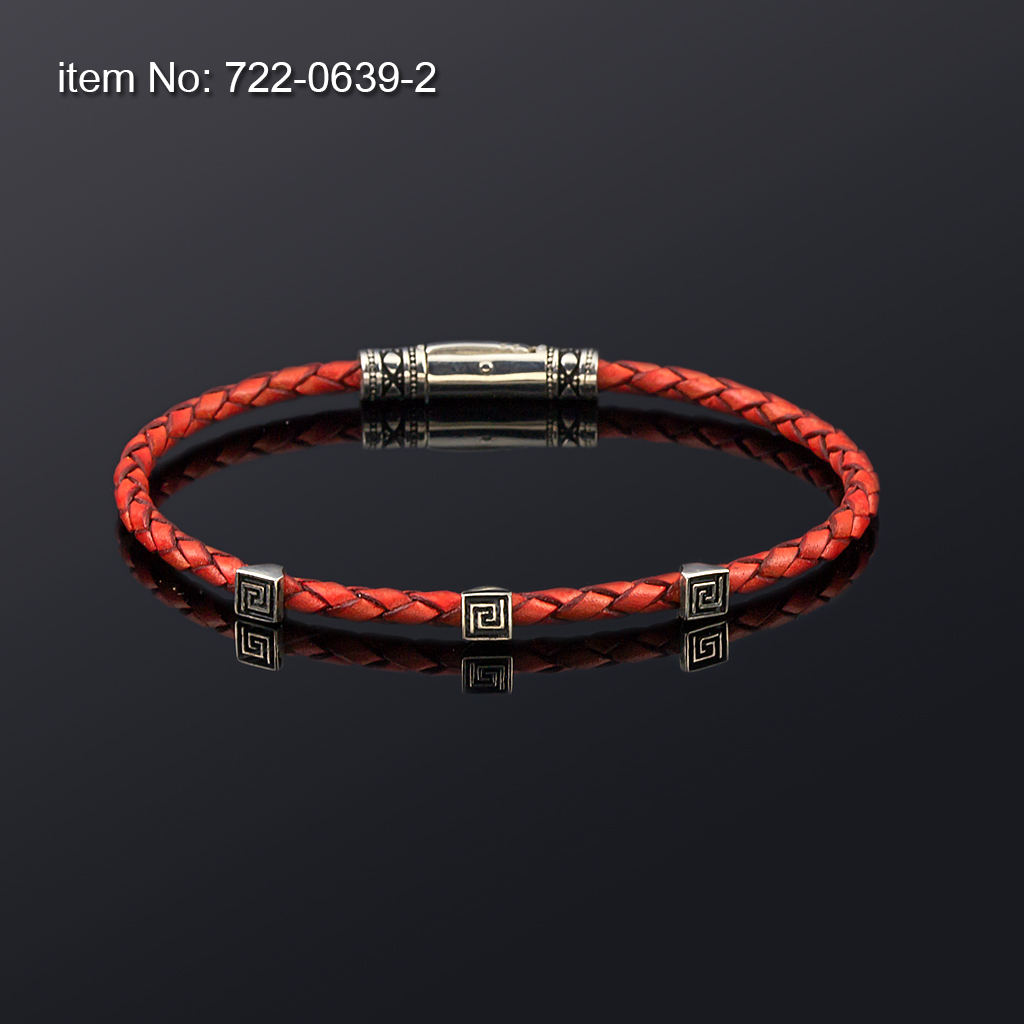 Ασημένιο βραχιόλι με μοτιφ Μαίανδρο και με γνήσιο antique κόκκινο δέρμα 3 mm - Πατήστε εδώ για περισσότερα χρώματα -