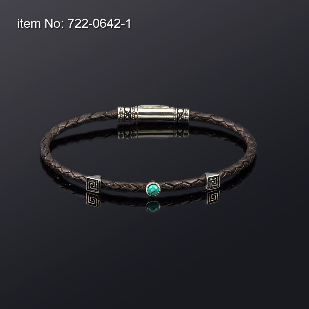 Ασημένιο βραχιόλι με μοτιφ Μαίανδρο, turquoise και με γνήσιο antique καφέ δέρμα 3 mm - Πατήστε εδώ για περισσότερα χρώματα -