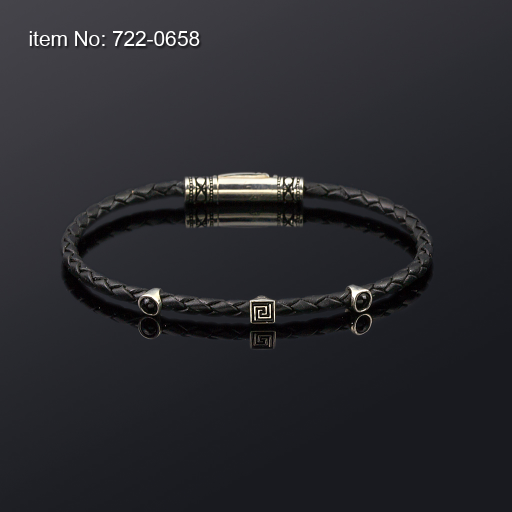 Ασημένιο βραχιόλι με μοτιφ Μαίανδρο, agate και με γνήσιο antique μαύρο δέρμα 3 mm - Πατήστε εδώ για περισσότερα χρώματα -