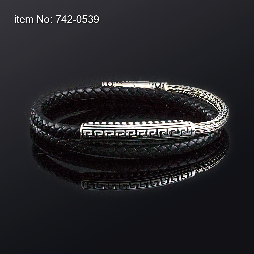 925° Ασημένιο διπλό βραχιόλι με μοτίφ Μαιάνδρους, πλεχτή αλυσίδα και γνήσιο πλεχτό δέρμα - Πατήστε εδώ για περισσότερα χρώματα -