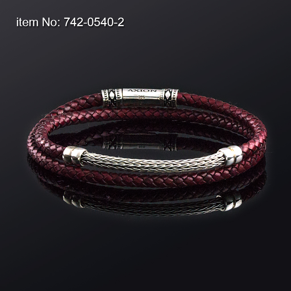Sterling double wrap silver bracelet with braided chain and braided genuine leather - Click here for more colors -