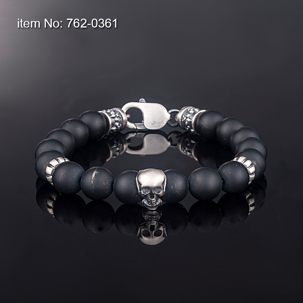 925° Ασημένιο  Βραχιόλι με νεκροκεφαλή μοτιφ,μαύρο onyx
