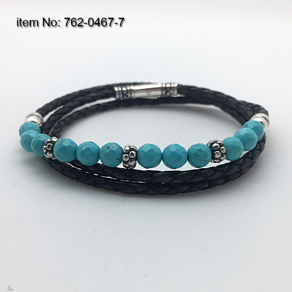 925°Ασημένιο Βραχιόλι με μοτίφ και διπλή αλυσίδα και δέρμα σε 6 mm howlite