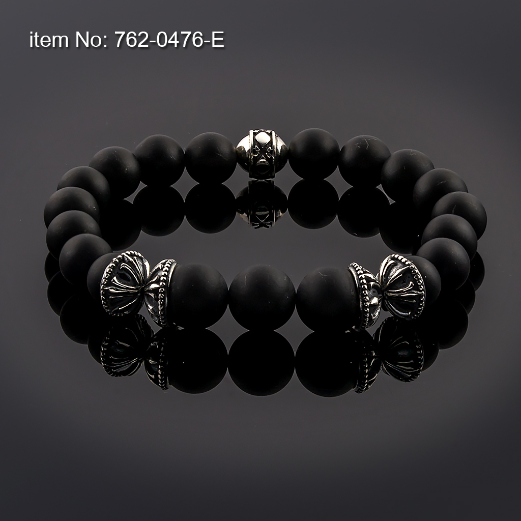 Sterling Silver Bracelet design on 10 mm and 12 mm Black Onyx beads with elastic silicone cord