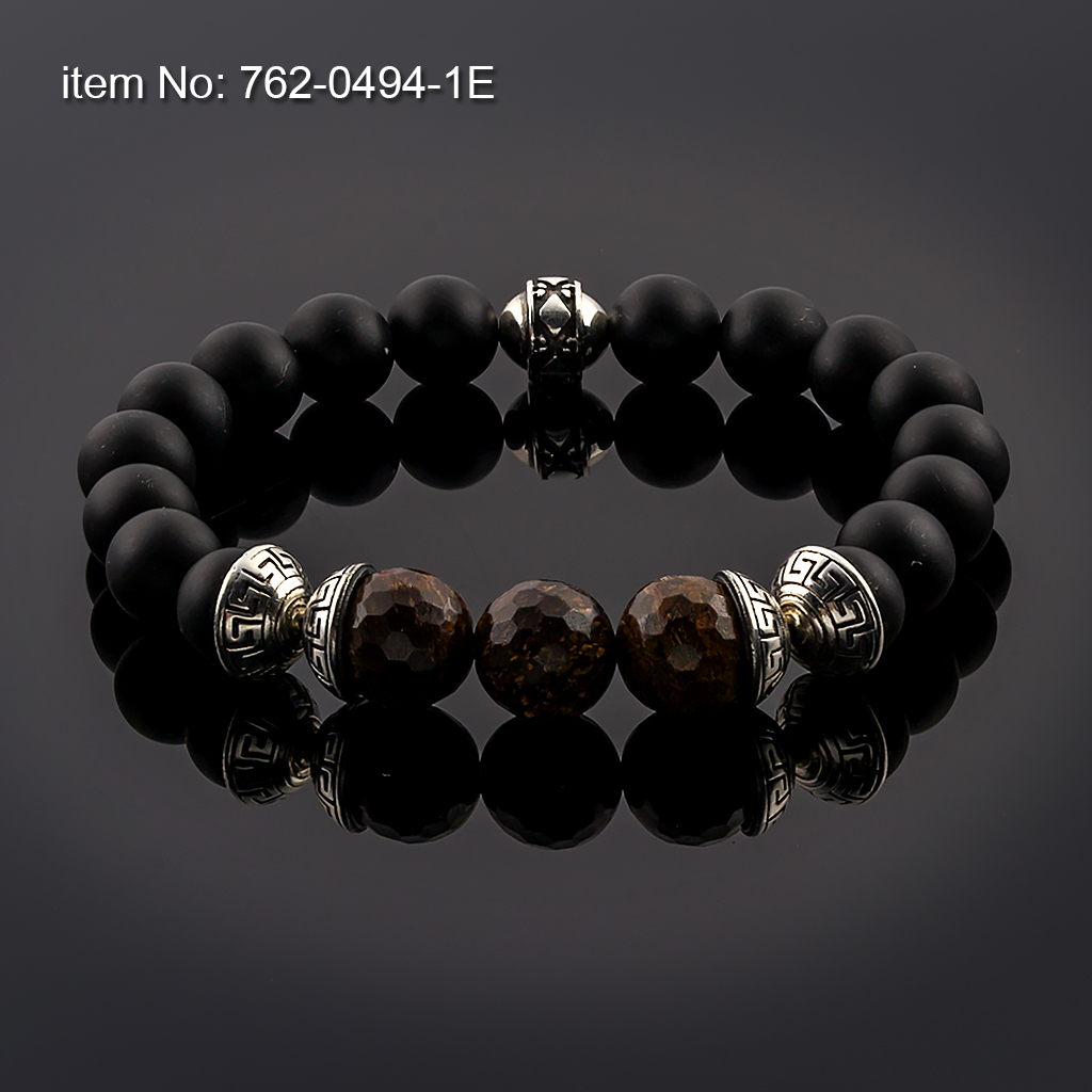 Bracelet with sterling silver Greek Key design cups on 10mm Black Onyx and 12mm Bronzite Beads tied with elastic silicone cord