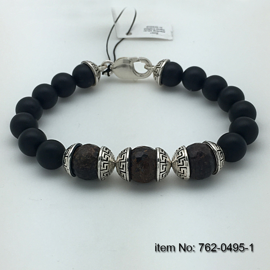 Ασημένιο βραχιόλι με σχέδιο μαίανδρος σε 10mm Black Onyx και 12mm Bronzite Χάντρες