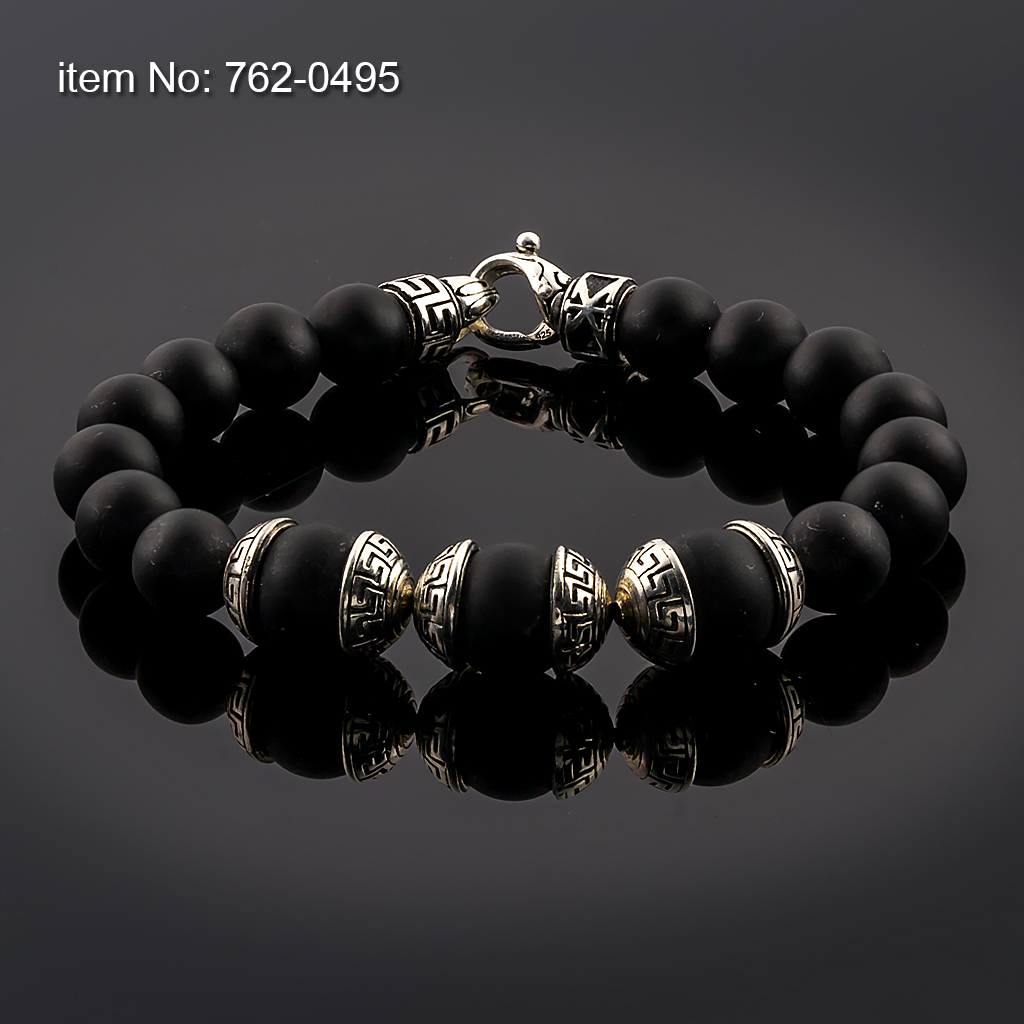 Bracelet with sterling silver Greek Key design cups on 10mm and 12mm Black Onyx Beads