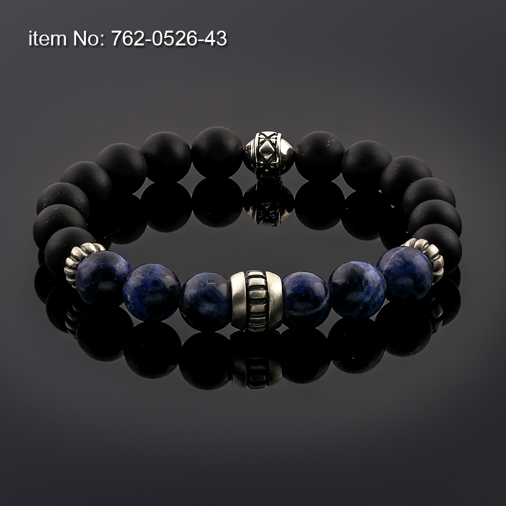 Sterling silver bracelet with big motif washer and 10mm Black Onyx & Lapis Lazuli beads