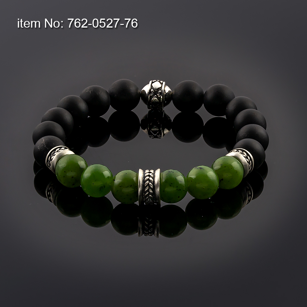 Sterling silver bracelet with motif washer and 10mm Comelian & Black Onyx Beads with elastic silicone cord