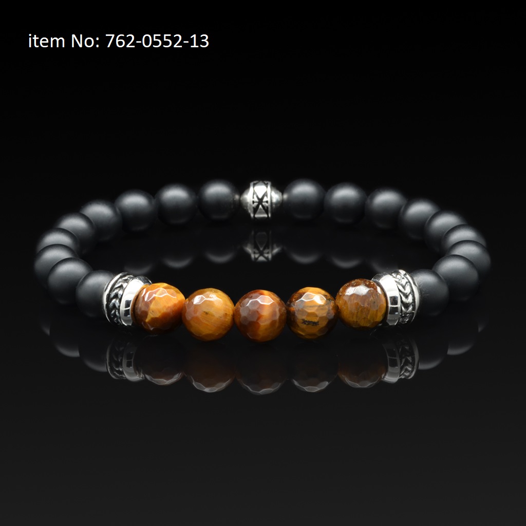 Sterling silver bracelet with faceted tiger eye and onyx matte beads