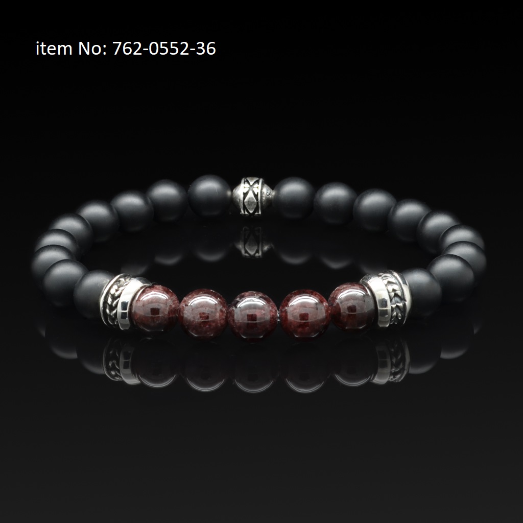 Sterling silver bracelet with garnet and onyx matte beads