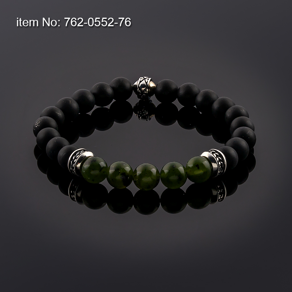 Bracelet with Sterling Silver washer on 8 mm Canadian Jade and Black Onyx beads with elastic silicone cord
