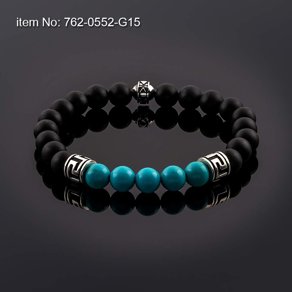 Bracelet with Sterling Silver Greek Key motifs on 8 mm Turquoise and Black Onyx beads with elastic silicone cord
