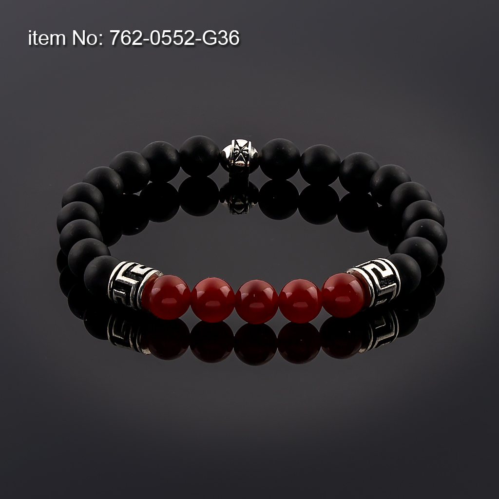 Bracelet with Sterling Silver Greek Key motifs on 8 mm Carnelian and Black Onyx beads with elastic silicone cord