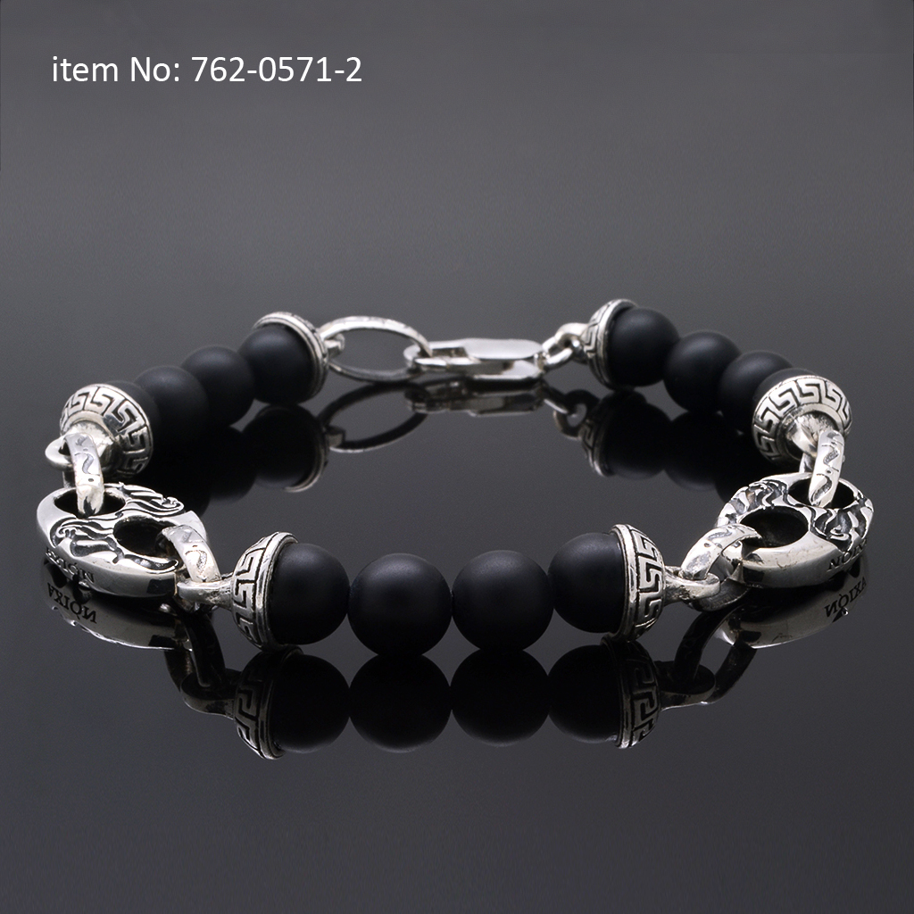 Sterling silver bracelet with meander motifs, theta links and 8mm onyx matte beads