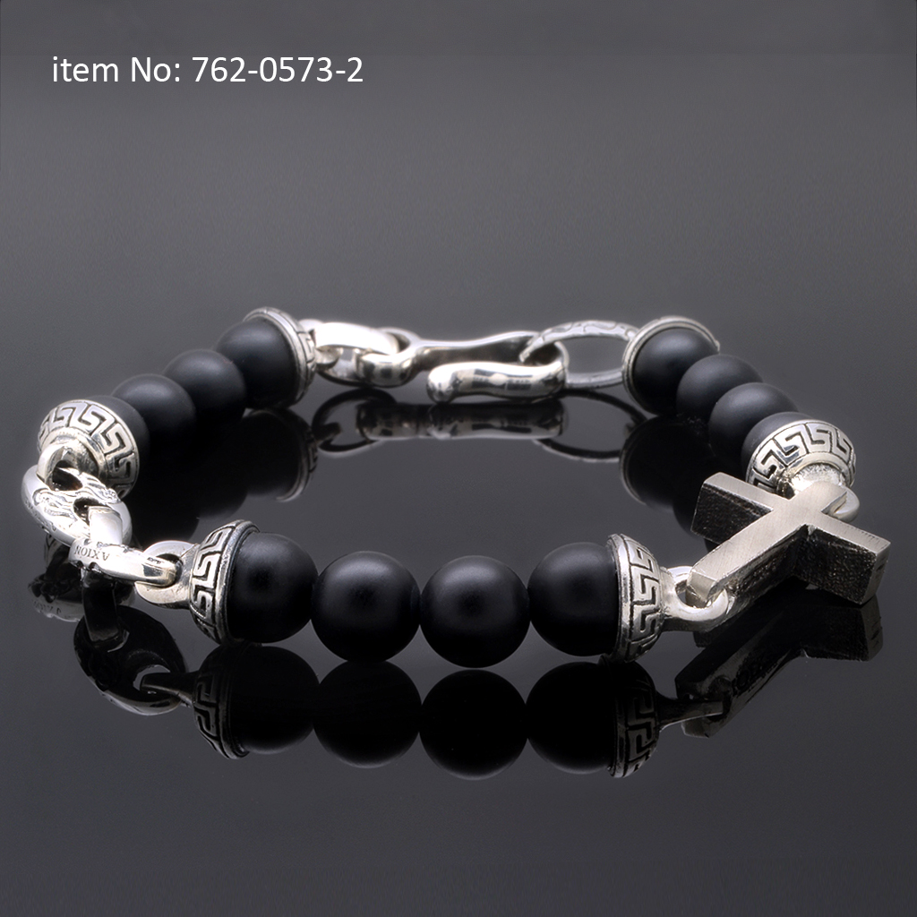Sterling silver bracelet with cross, meander motifs, links and onyx matte beads