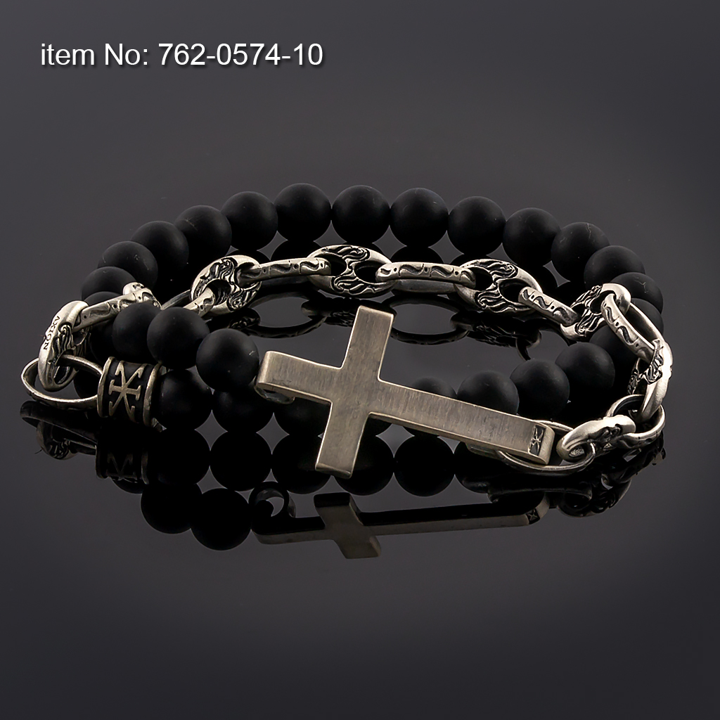 Sterling silver double wrap bracelet with cross, chain and beads - Click here for more colors -