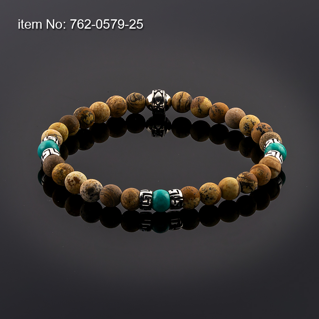 Bracelet Sodalite and Turquoise Beads 6mm with sterling silver Greek Key design tied with elastic cord