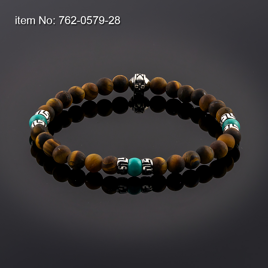 Bracelet Tiger Eye and Turquoise Beads 6mm with sterling silver Greek Key design tied with elastic cord