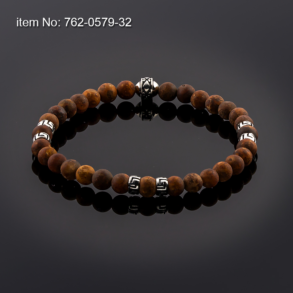 Βραχιόλι με Agate Χάντρες 6mm με ασημένιο σχέδιο μαίανδρος δεμένο με ελαστικό κορδόνι σιλικόνης