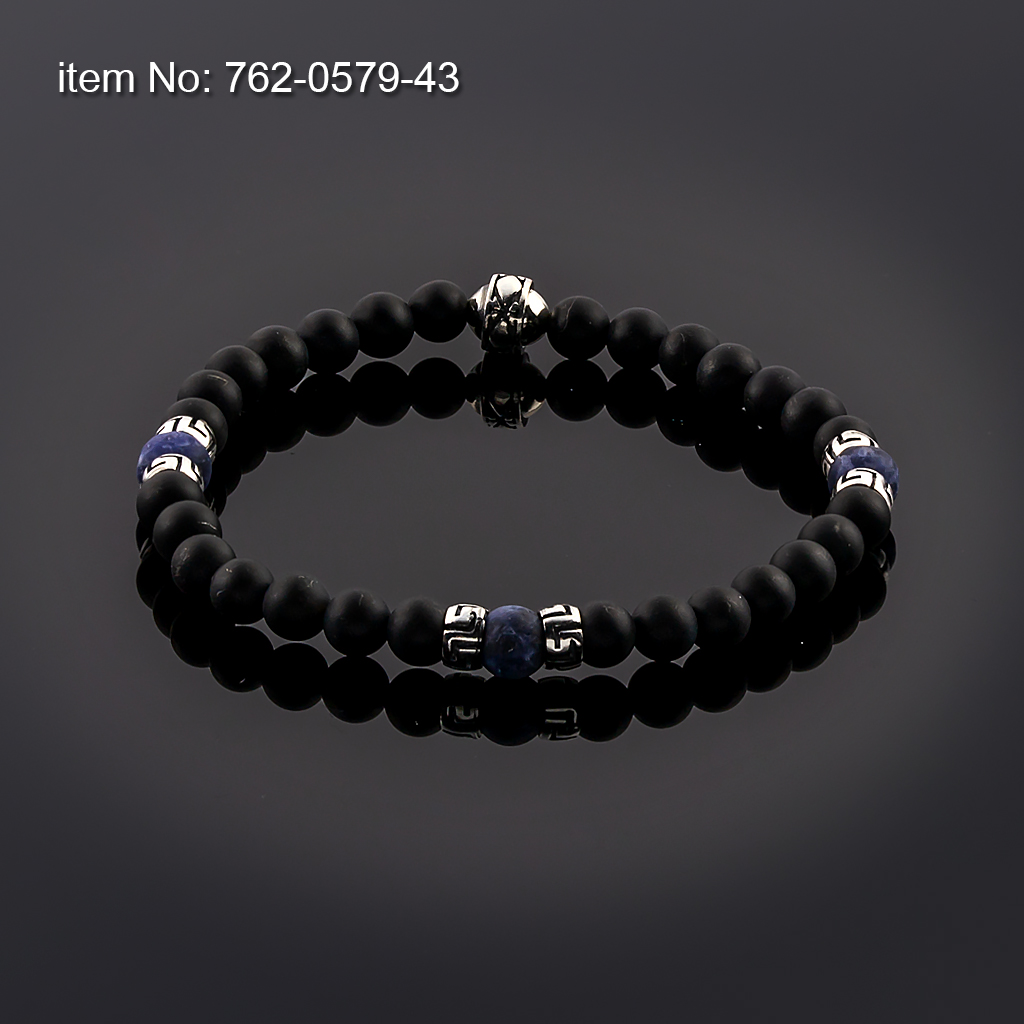 Bracelet Black Onyx and Lapis Lazuli Beads 6mm with sterling silver Greek Key design tied with elastic cord